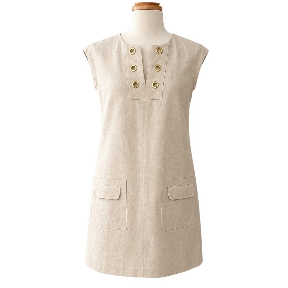 J Crew Linen Shift Dress Coastal Preppy Minimalist Beige Grommet Lined 00